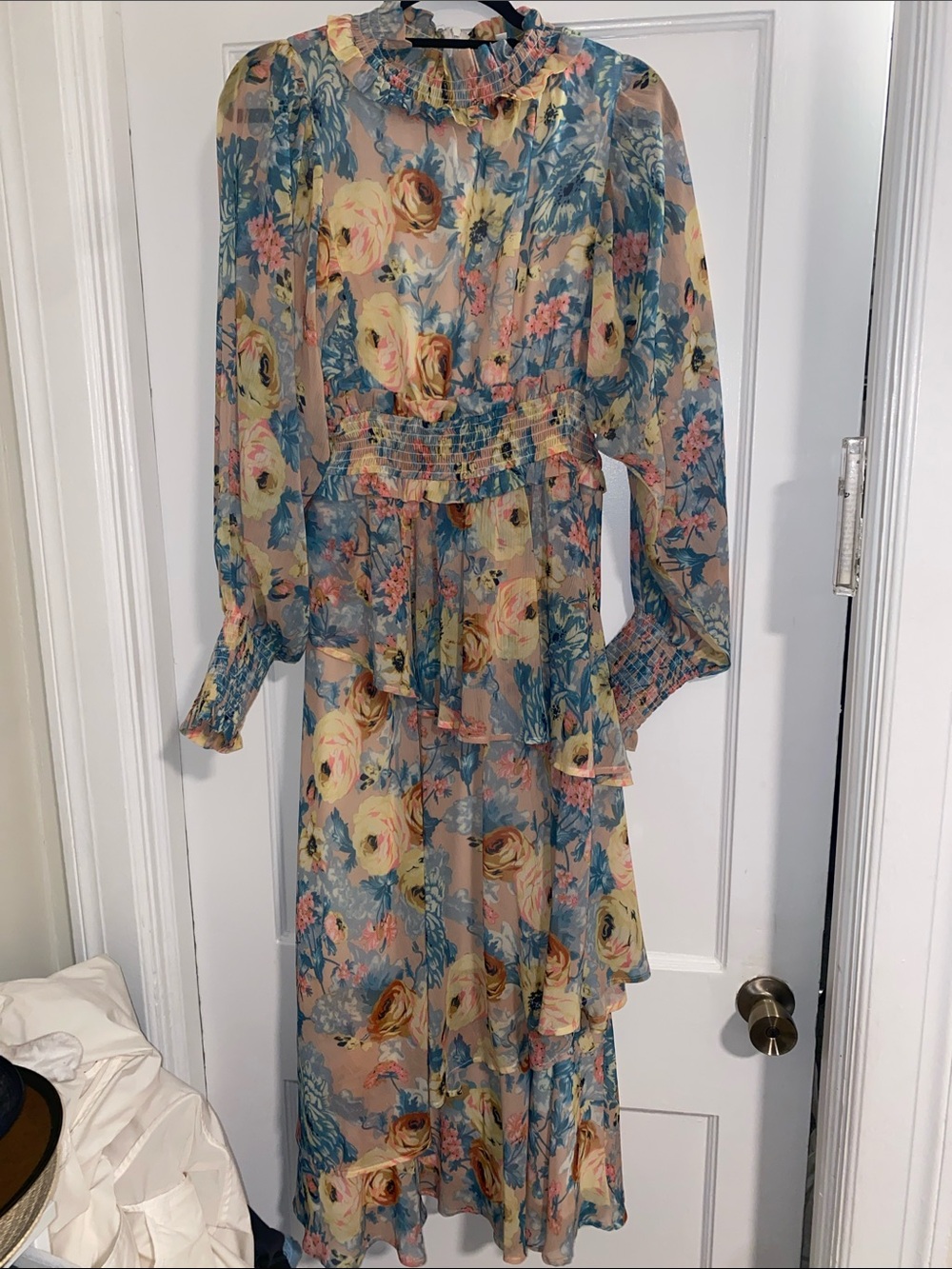 Floral Ruffle Long-Sleeve Midi Dress in Blue and Cream